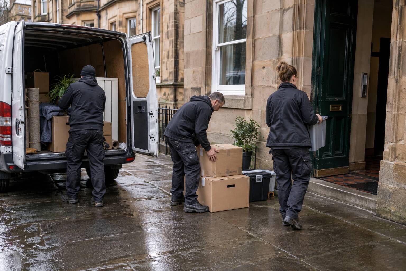 The crew loading boxes into the van outside a Glasgow close