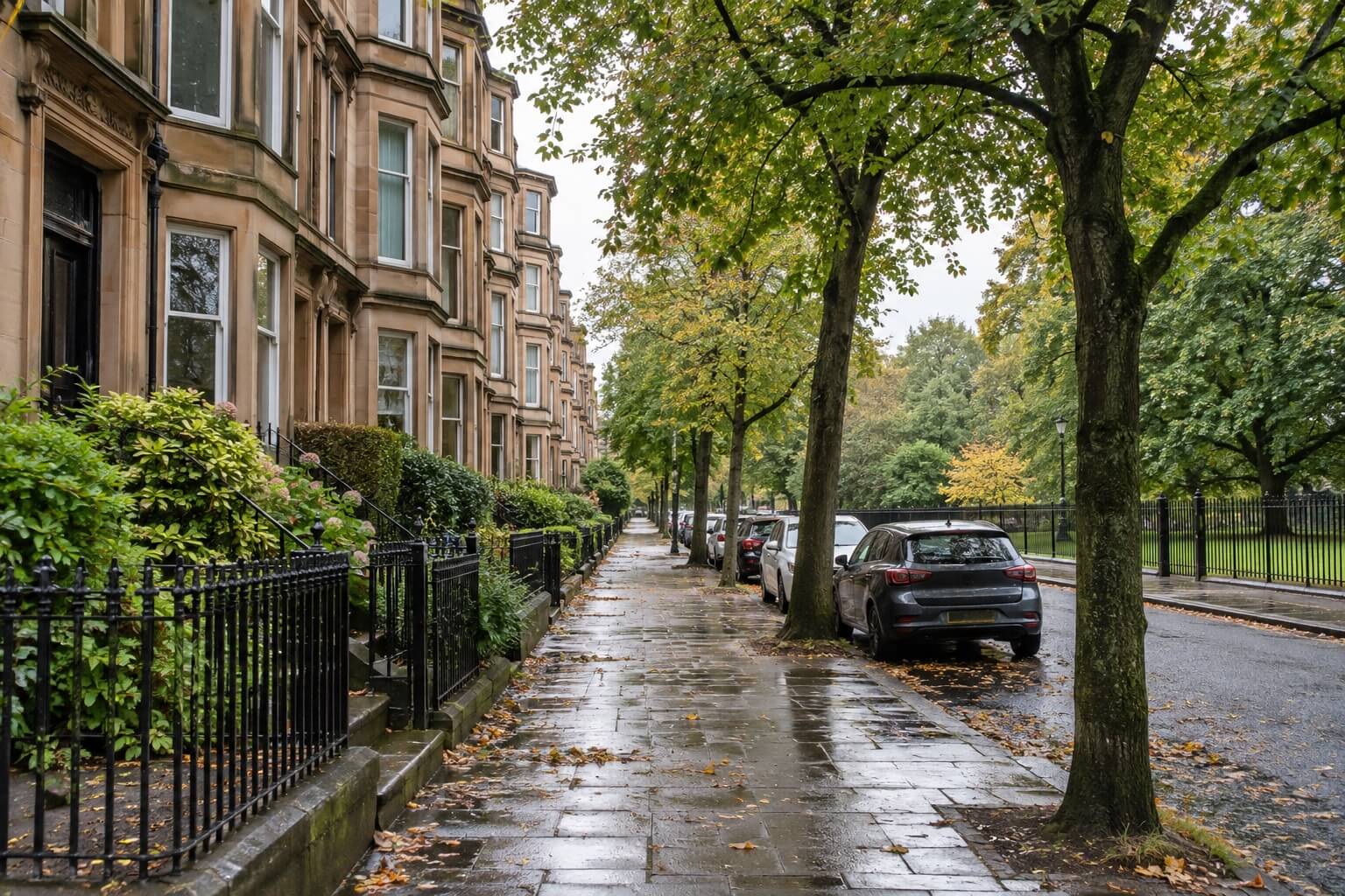A tree-lined residential street on the Southside of Glasgow