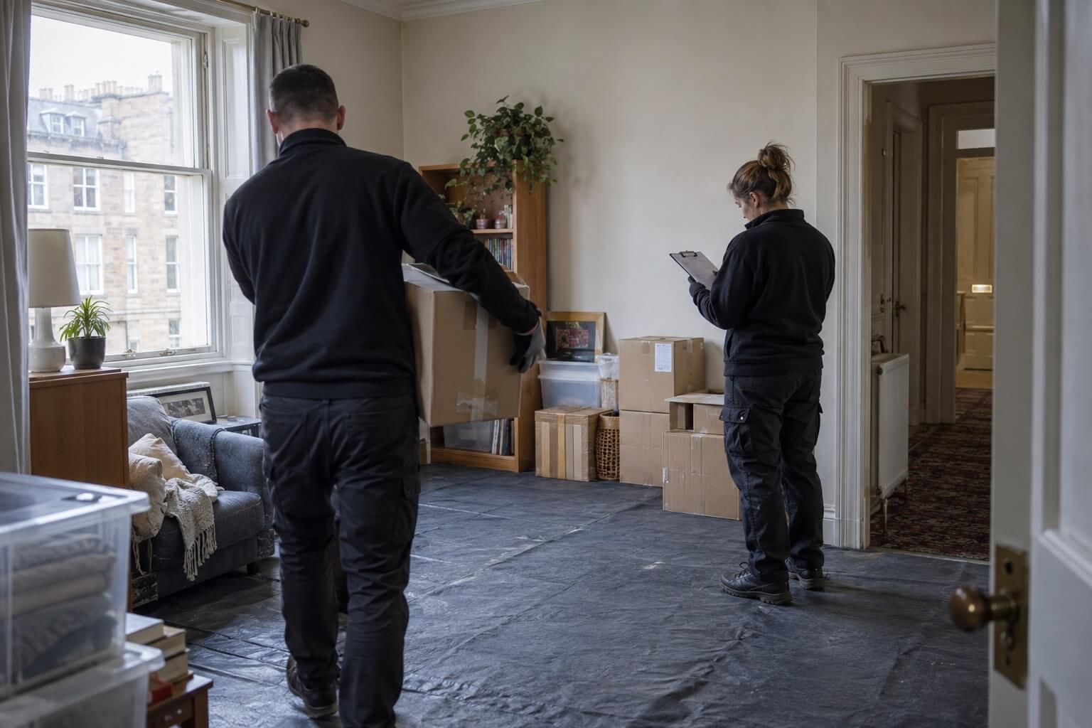 Two of the clearance team agreeing the plan in a room being cleared